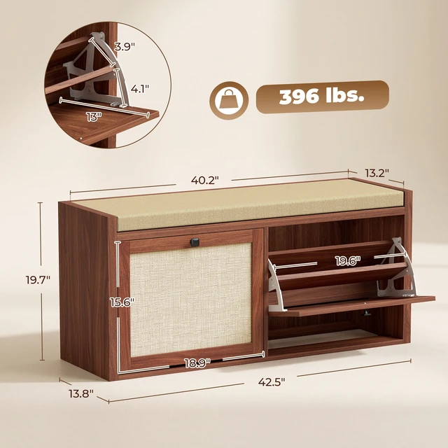 Alt view image 7 of 7 - Rattan Shoe Storage Bench with Padded Cushion, Entryway Bench with Cabinets for Hidden Storage 41.3 Inch 13.8 Inch