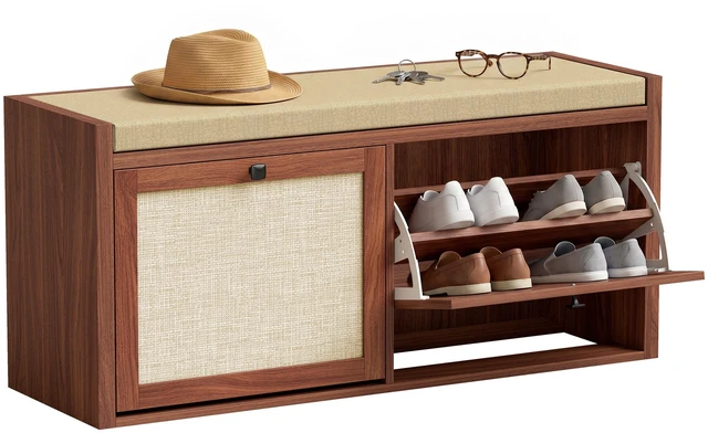 Main image of Rattan Shoe Storage Bench with Padded Cushion, Entryway Bench with Cabinets for Hidden Storage 41.3 Inch 13.8 Inch