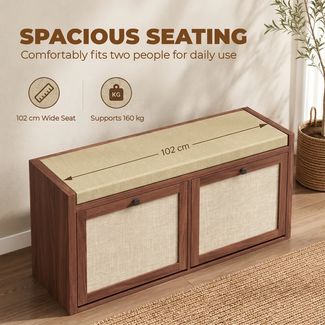 Alt view image 4 of 7 - Rattan Shoe Storage Bench with Padded Cushion, Entryway Bench with Cabinets for Hidden Storage 41.3 Inch 13.8 Inch