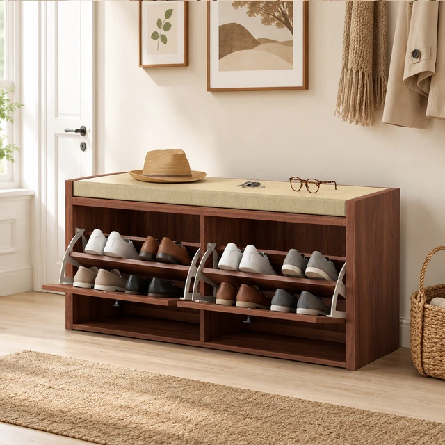 Alt view image 2 of 7 - Rattan Shoe Storage Bench with Padded Cushion, Entryway Bench with Cabinets for Hidden Storage 41.3 Inch 13.8 Inch