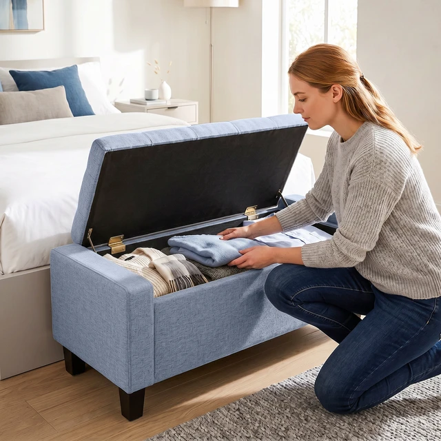 Alt view image 2 of 7 - 36.6 Inch Tufted Fabric Rectangular Storage Ottoman, Sitting Bench with Armrests and Wooden Legs Holds 528 LBS