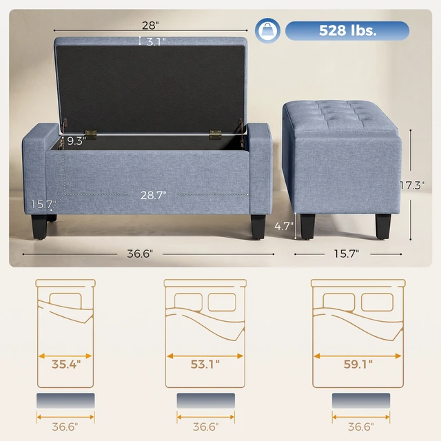 Alt view image 7 of 7 - 36.6 Inch Tufted Fabric Rectangular Storage Ottoman, Sitting Bench with Armrests and Wooden Legs Holds 528 LBS