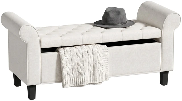 Main image of 47 Inch Storage Ottoman Bench, Tufted Long Ottoman with Storage Chest Rolled Arms Safety Hinge Wooden Legs Upholstered