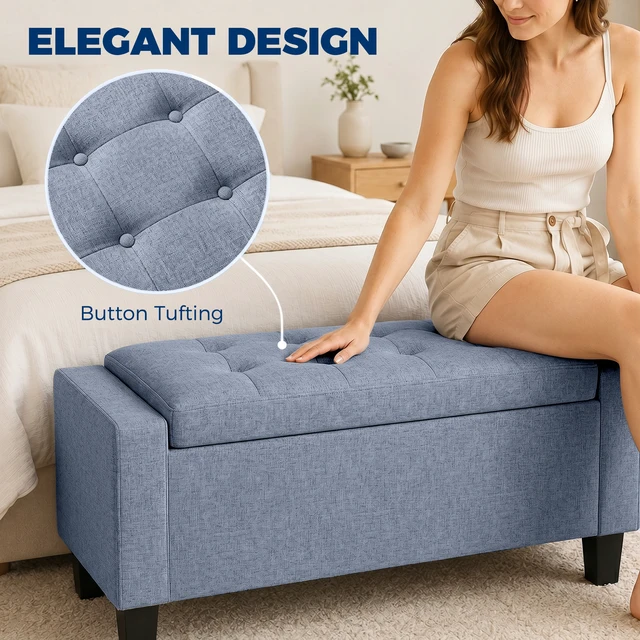 Alt view image 6 of 7 - 36.6 Inch Tufted Fabric Rectangular Storage Ottoman, Sitting Bench with Armrests and Wooden Legs Holds 528 LBS