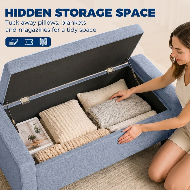 Alt view image 4 of 7 - 36.6 Inch Tufted Fabric Rectangular Storage Ottoman, Sitting Bench with Armrests and Wooden Legs Holds 528 LBS