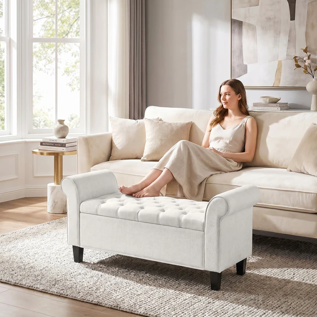 Alt view image 2 of 7 - 47 Inch Storage Ottoman Bench, Tufted Long Ottoman with Storage Chest Rolled Arms Safety Hinge Wooden Legs Upholstered