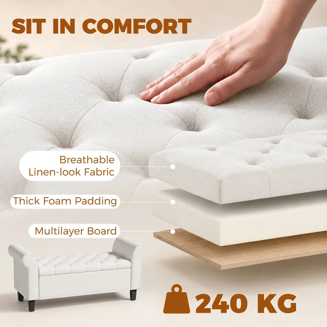 Alt view image 3 of 7 - 47 Inch Storage Ottoman Bench, Tufted Long Ottoman with Storage Chest Rolled Arms Safety Hinge Wooden Legs Upholstered