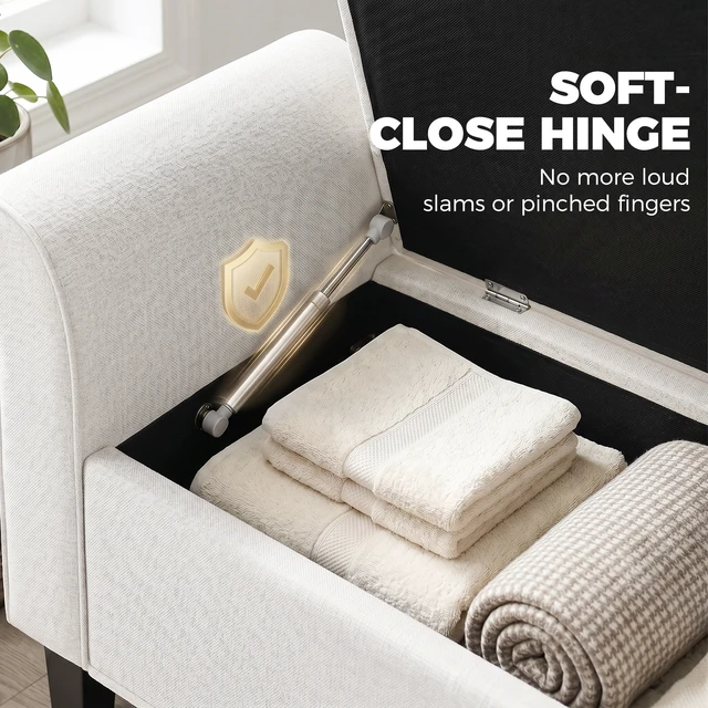 Alt view image 5 of 7 - 47 Inch Storage Ottoman Bench, Tufted Long Ottoman with Storage Chest Rolled Arms Safety Hinge Wooden Legs Upholstered