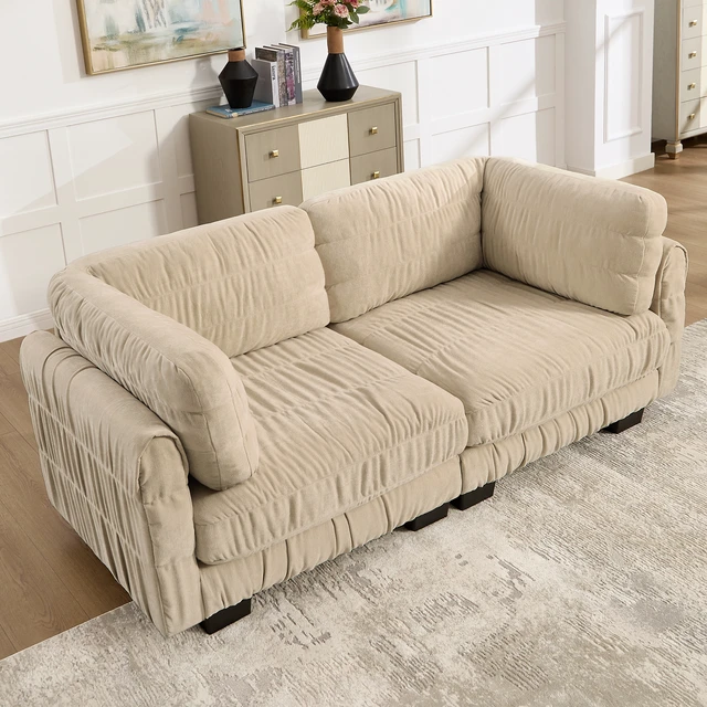 Alt view image 3 of 7 - Ruched Detailing Chenille Loveseat Modular Sectional Sofa, High Density Foam l Shape Thickened Back Cushions Easy