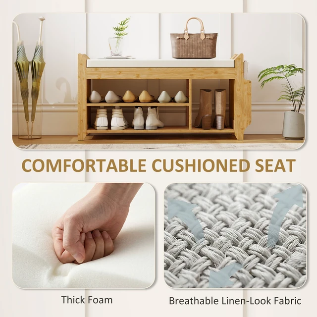 Alt view image 4 of 7 - Shoe Bench with Cushioned Seat, 2 Tier Entryway Bench with Side Umbrella Holder Inchin Bamboo Shoe Rack for Living