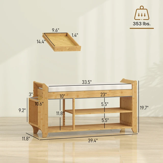 Alt view image 7 of 7 - Shoe Bench with Cushioned Seat, 2 Tier Entryway Bench with Side Umbrella Holder Inchin Bamboo Shoe Rack for Living