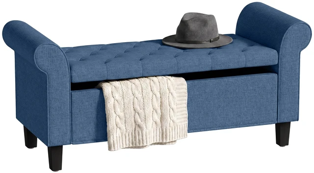Main image of 47 Inch Storage Ottoman Bench, Tufted Long Ottoman with Storage Chest Rolled Arms Safety Hinge Wooden Legs Upholstered