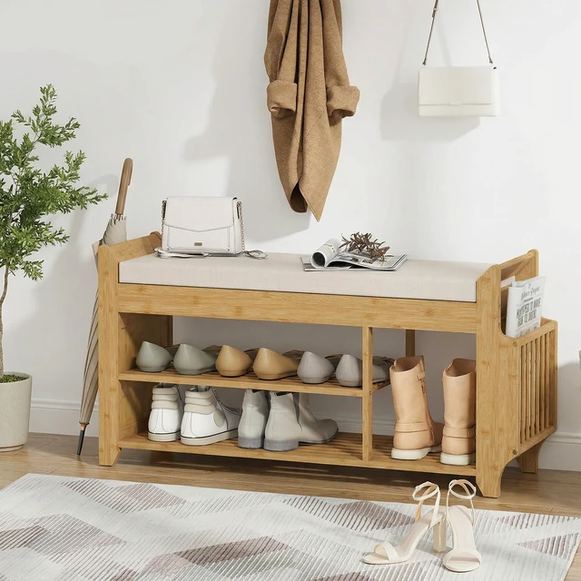Alt view image 2 of 7 - Shoe Bench with Cushioned Seat, 2 Tier Entryway Bench with Side Umbrella Holder Inchin Bamboo Shoe Rack for Living