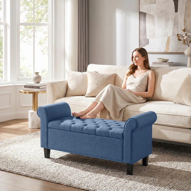 Alt view image 2 of 7 - 47 Inch Storage Ottoman Bench, Tufted Long Ottoman with Storage Chest Rolled Arms Safety Hinge Wooden Legs Upholstered