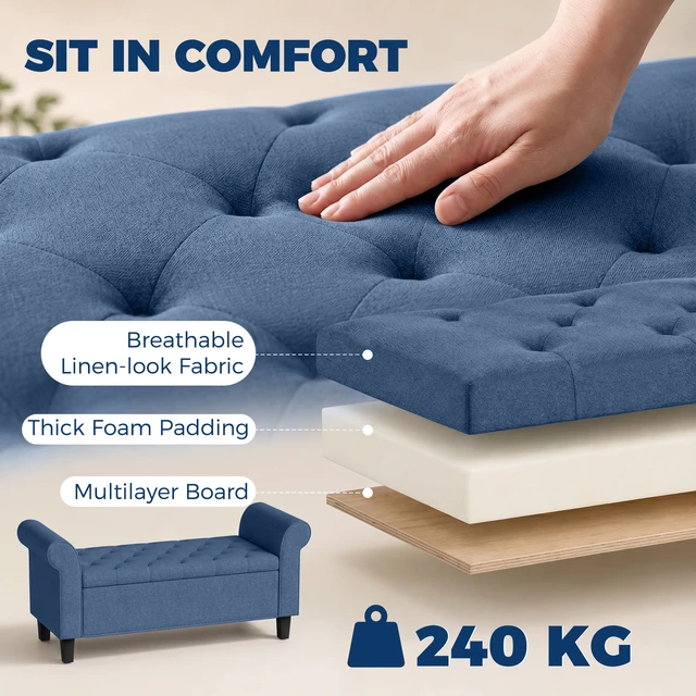 Alt view image 3 of 7 - 47 Inch Storage Ottoman Bench, Tufted Long Ottoman with Storage Chest Rolled Arms Safety Hinge Wooden Legs Upholstered