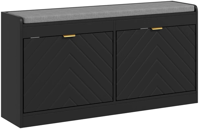 Main image of Shoe Bench, Entryway Bench with Flip Drawers Seating Cushion and Vents for Pairs Shoes, Black, Polyester, Storage