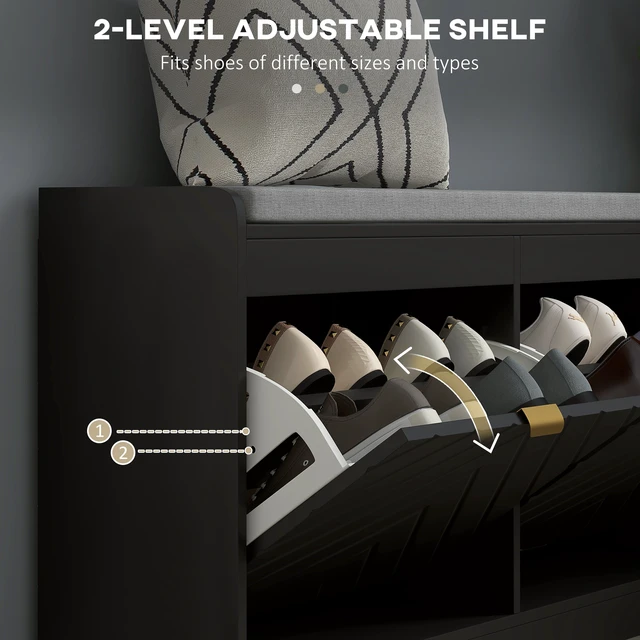 Alt view image 5 of 7 - Shoe Bench, Entryway Bench with Flip Drawers Seating Cushion and Vents for Pairs Shoes, Black, Polyester, Storage
