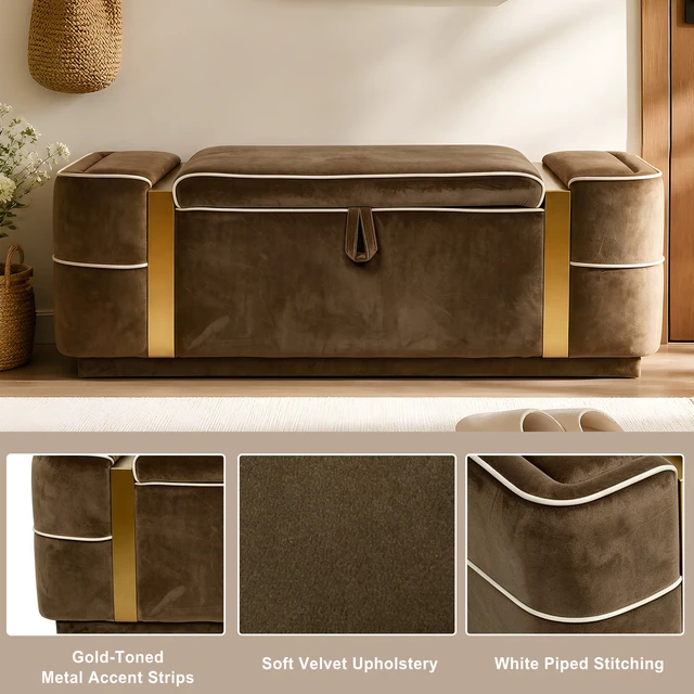 Alt view image 5 of 7 - Storage Bench Upholstered Ottoman Bench Bed End Storage Seat Entryway Shoe for Living, Brown, Velvet, Benches