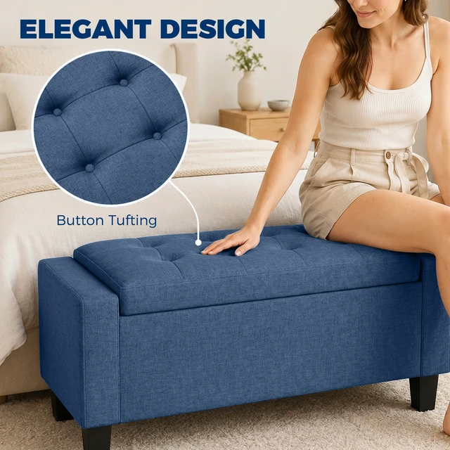 Alt view image 6 of 7 - 36.6 Inch Tufted Fabric Rectangular Storage Ottoman, Sitting Bench with Armrests and Wooden Legs Holds 528 LBS
