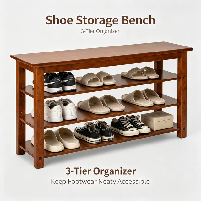 Alt view image 3 of 7 - Solid Shoe Bench, Shoe Rack for Entryway Storage Bench Entryway 3 Tier Adjustable Shelves 39.4 Inch Wide Slim
