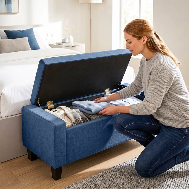 Alt view image 2 of 7 - 36.6 Inch Tufted Fabric Rectangular Storage Ottoman, Sitting Bench with Armrests and Wooden Legs Holds 528 LBS