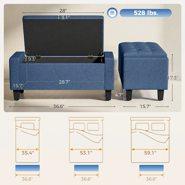 Alt view image 7 of 7 - 36.6 Inch Tufted Fabric Rectangular Storage Ottoman, Sitting Bench with Armrests and Wooden Legs Holds 528 LBS