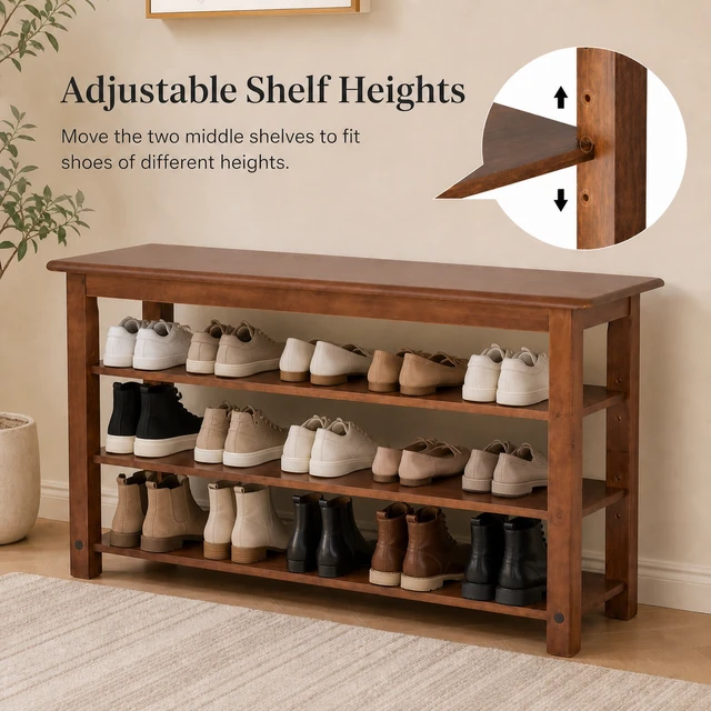 Alt view image 4 of 7 - Solid Shoe Bench, Shoe Rack for Entryway Storage Bench Entryway 3 Tier Adjustable Shelves 39.4 Inch Wide Slim