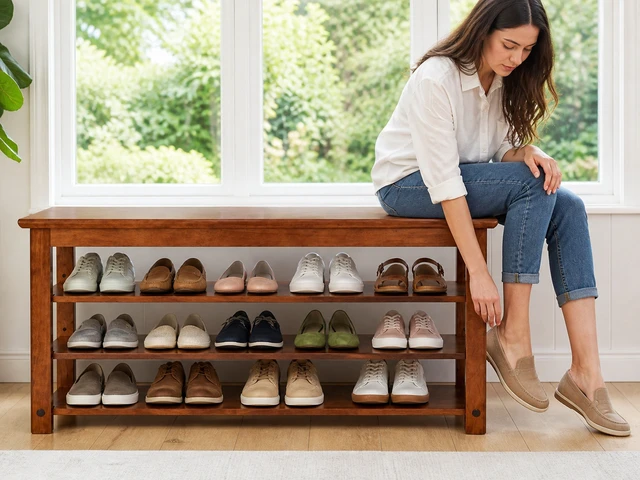 Alt view image 5 of 7 - Solid Shoe Bench, Shoe Rack for Entryway Storage Bench Entryway 3 Tier Adjustable Shelves 39.4 Inch Wide Slim