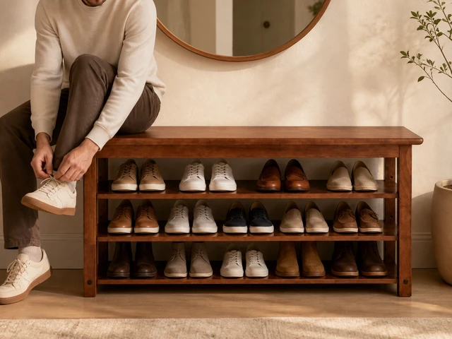 Alt view image 6 of 7 - Solid Shoe Bench, Shoe Rack for Entryway Storage Bench Entryway 3 Tier Adjustable Shelves 39.4 Inch Wide Slim
