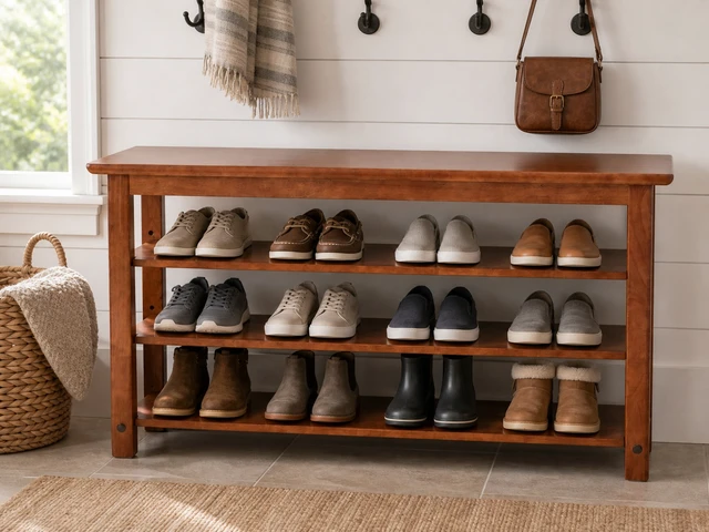 Alt view image 7 of 7 - Solid Shoe Bench, Shoe Rack for Entryway Storage Bench Entryway 3 Tier Adjustable Shelves 39.4 Inch Wide Slim