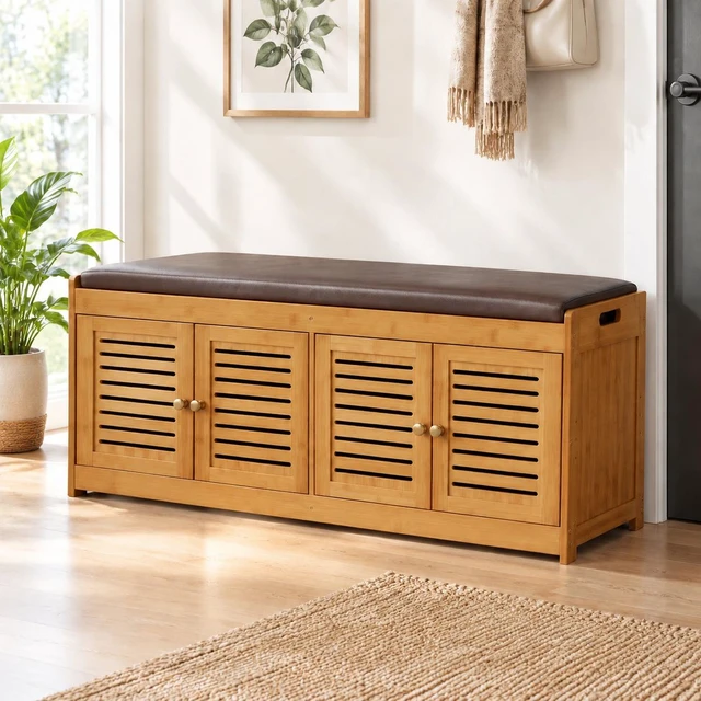 Main image of Bamboo Low Shoe Cabinet Low Profile Storage Cabinet, Shoe Storage Bench with Doors 46 Inch Changing Bench Entry Way