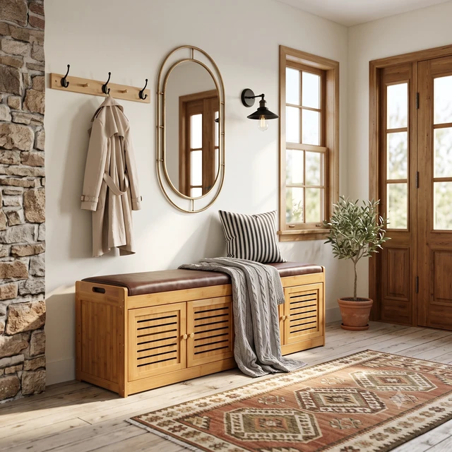 Alt view image 4 of 7 - Bamboo Low Shoe Cabinet Low Profile Storage Cabinet, Shoe Storage Bench with Doors 46 Inch Changing Bench Entry Way