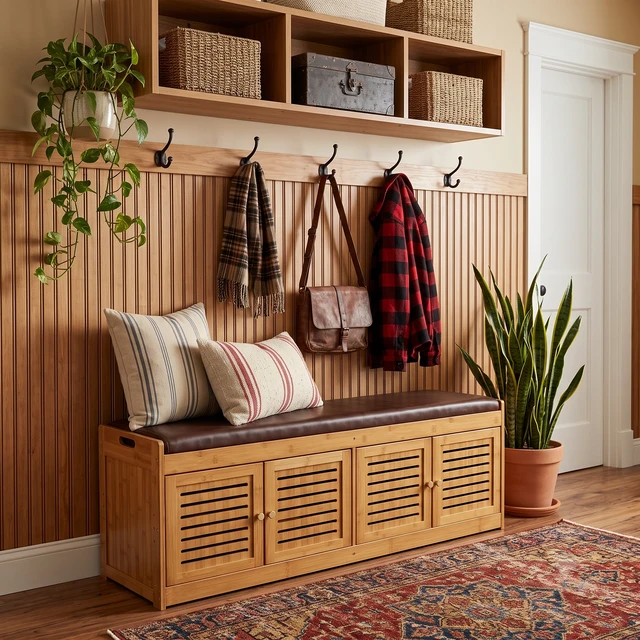 Alt view image 3 of 7 - Bamboo Low Shoe Cabinet Low Profile Storage Cabinet, Shoe Storage Bench with Doors 46 Inch Changing Bench Entry Way