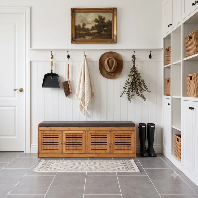 Alt view image 6 of 7 - Bamboo Low Shoe Cabinet Low Profile Storage Cabinet, Shoe Storage Bench with Doors 46 Inch Changing Bench Entry Way