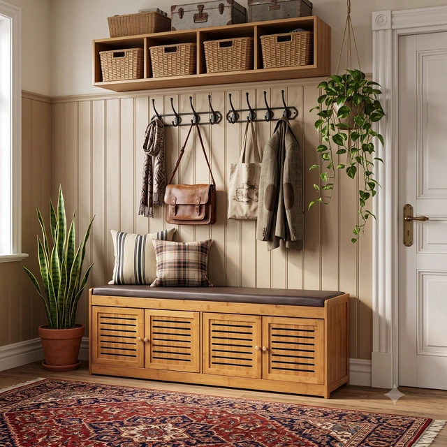 Alt view image 5 of 7 - Bamboo Low Shoe Cabinet Low Profile Storage Cabinet, Shoe Storage Bench with Doors 46 Inch Changing Bench Entry Way
