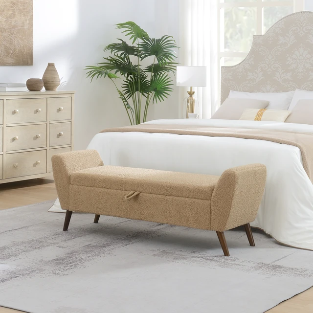 Alt view image 2 of 7 - Video Provided 60 Inch Storage Bench with Mid Centruy Wood Legs, Bench with Storage for Living and Comfort Padded