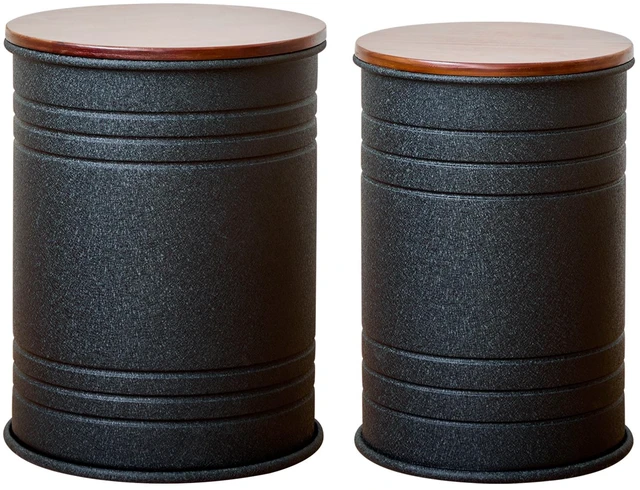 Main image of 2 Piece Metal Storage Stool Set 36 cm and 31 cm Round Side Tables with Wooden Top, Barrel Design Textured Black Finish