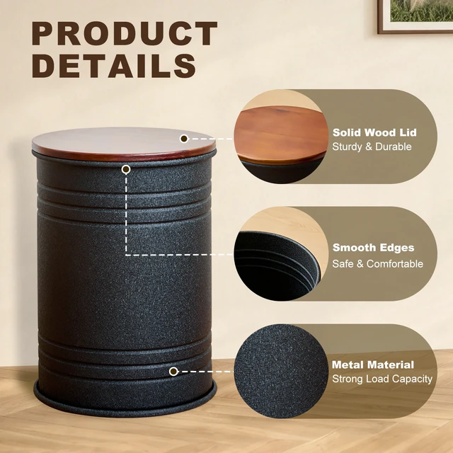 Alt view image 2 of 7 - 2 Piece Metal Storage Stool Set 36 cm and 31 cm Round Side Tables with Wooden Top, Barrel Design Textured Black Finish