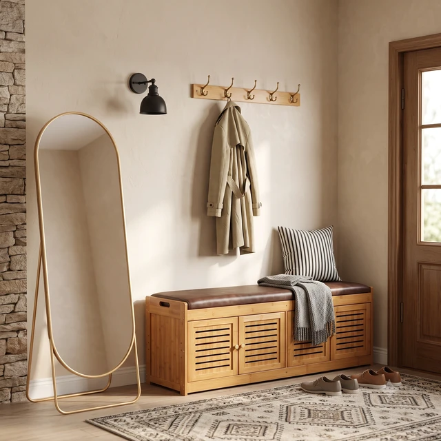 Alt view image 7 of 7 - Bamboo Low Shoe Cabinet Low Profile Storage Cabinet, Shoe Storage Bench with Doors 46 Inch Changing Bench Entry Way