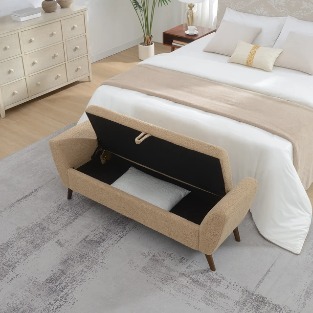 Alt view image 3 of 7 - Video Provided 60 Inch Storage Bench with Mid Centruy Wood Legs, Bench with Storage for Living and Comfort Padded