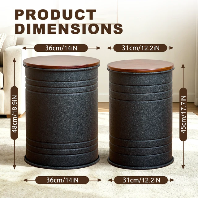 Alt view image 3 of 7 - 2 Piece Metal Storage Stool Set 36 cm and 31 cm Round Side Tables with Wooden Top, Barrel Design Textured Black Finish