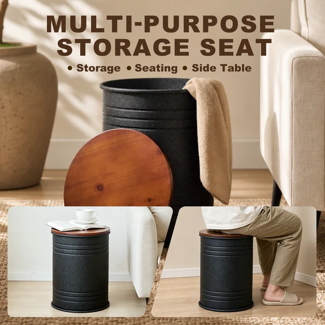 Alt view image 4 of 7 - 2 Piece Metal Storage Stool Set 36 cm and 31 cm Round Side Tables with Wooden Top, Barrel Design Textured Black Finish