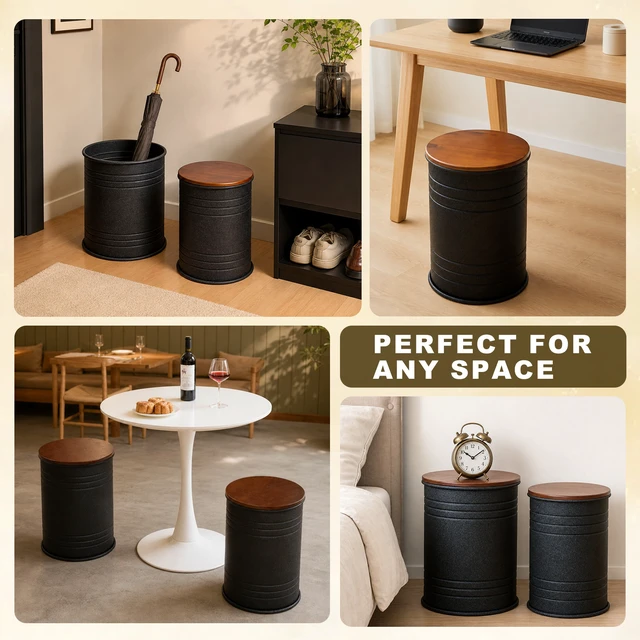 Alt view image 7 of 7 - 2 Piece Metal Storage Stool Set 36 cm and 31 cm Round Side Tables with Wooden Top, Barrel Design Textured Black Finish