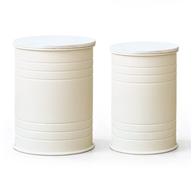 Main image of 2 Piece Metal Storage Stool Set 36 cm and 31 cm Round Side Tables with Wooden Top, Barrel Design Textured Metal Finish