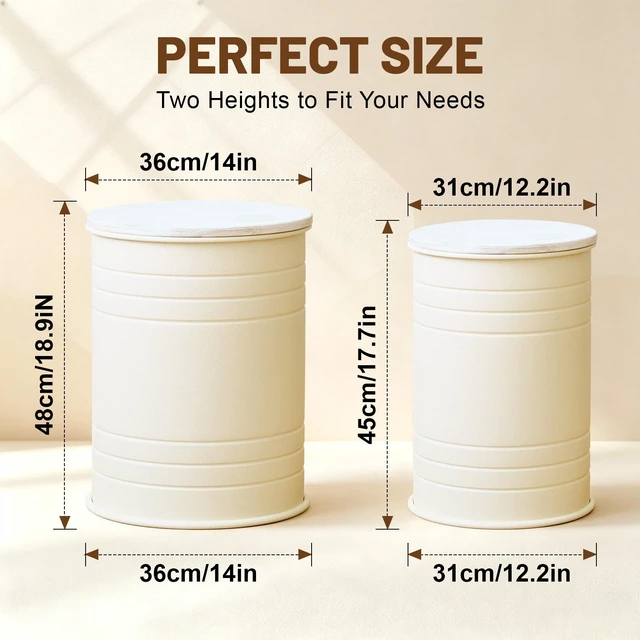 Alt view image 2 of 7 - 2 Piece Metal Storage Stool Set 36 cm and 31 cm Round Side Tables with Wooden Top, Barrel Design Textured Metal Finish