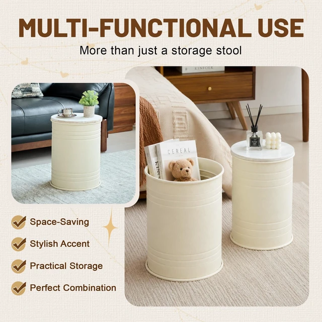 Alt view image 3 of 7 - 2 Piece Metal Storage Stool Set 36 cm and 31 cm Round Side Tables with Wooden Top, Barrel Design Textured Metal Finish