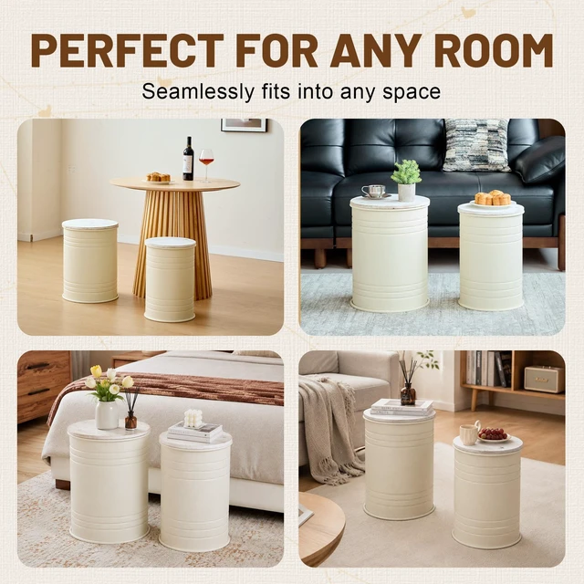 Alt view image 4 of 7 - 2 Piece Metal Storage Stool Set 36 cm and 31 cm Round Side Tables with Wooden Top, Barrel Design Textured Metal Finish