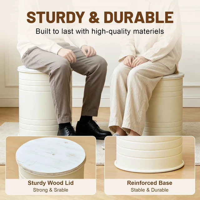 Alt view image 5 of 7 - 2 Piece Metal Storage Stool Set 36 cm and 31 cm Round Side Tables with Wooden Top, Barrel Design Textured Metal Finish