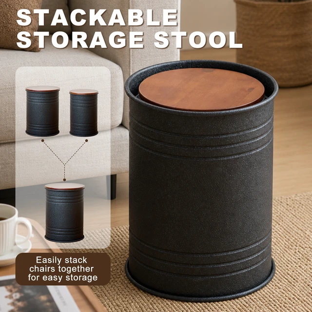 Alt view image 6 of 7 - 2 Piece Metal Storage Stool Set 36 cm and 31 cm Round Side Tables with Wooden Top, Barrel Design Textured Black Finish