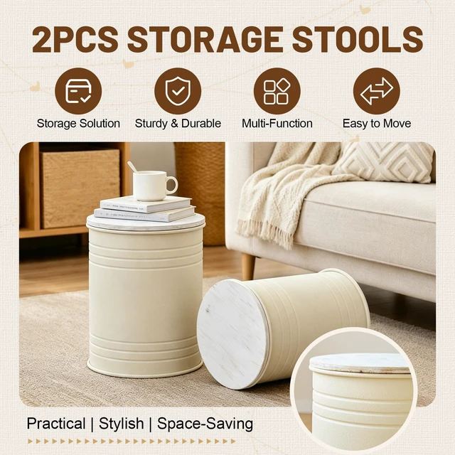Alt view image 6 of 7 - 2 Piece Metal Storage Stool Set 36 cm and 31 cm Round Side Tables with Wooden Top, Barrel Design Textured Metal Finish